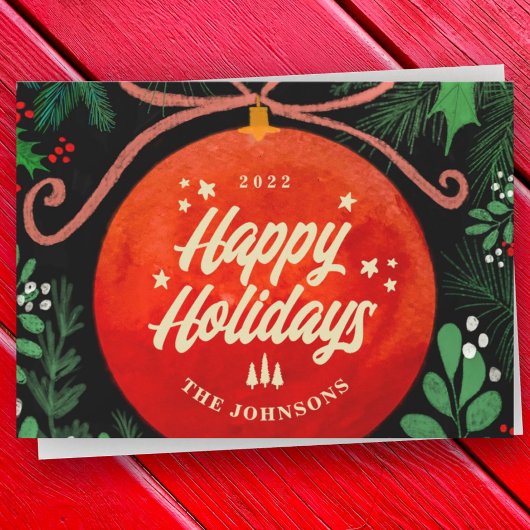 Moderne Rood Kerstbal Ornament Botanisch Feestdagenkaart