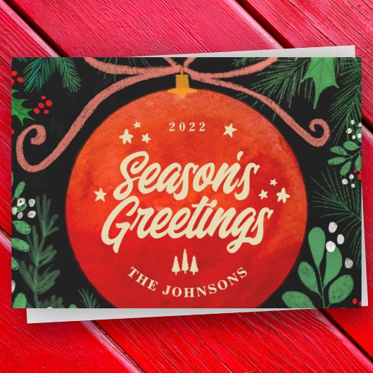 Moderne Rood Kerstbal Ornament Botanisch Feestdagenkaart