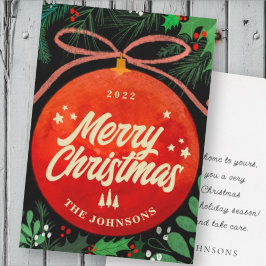 Moderne Rood Kerstbal Ornament Botanisch Feestdagenkaart