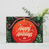 Moderne Rood Kerstbal Ornament Botanisch Feestdagenkaart (Staand voorkant)