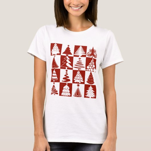 Moderne Rood Kerstboom Patroon T-shirt (Voorkant)