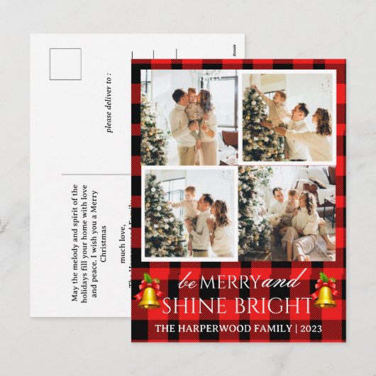Moderne Rood Plaid Kerstmis Familie Fotocollage Feestdagenkaart (Voorkant / Achterkant)