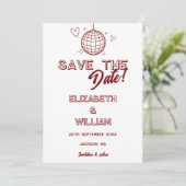 Moderne Rood Retro Disco Groovy Bruiloft Save The Date (Staand voorkant)