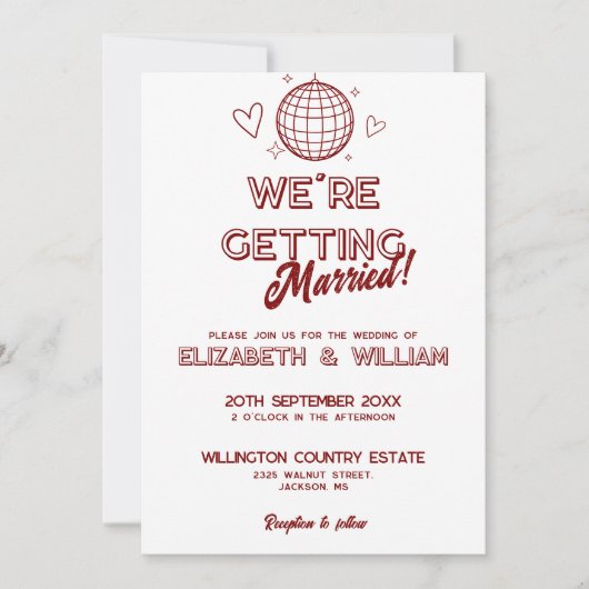 Moderne Rood Retro Disco Groovy Trouw Uitnodiging (Voorkant)