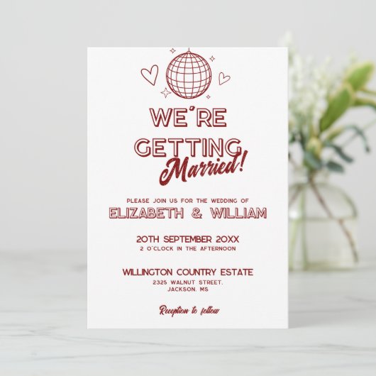 Moderne Rood Retro Disco Groovy Trouw Uitnodiging (Staand voorkant)