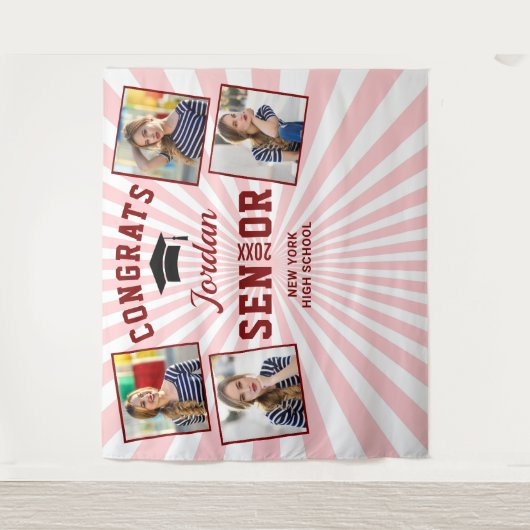 Moderne Rood Roze Afstudeerfoto Booth Achtergrond Wandkleed (Voorkant)