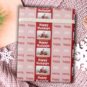 Moderne Rood Roze Familie Foto Kerst Gelukkig Cadeaupapier