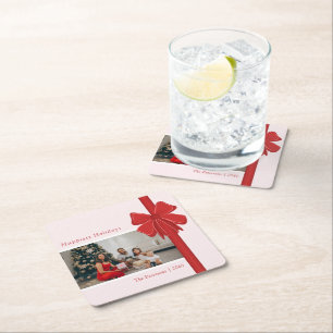 Moderne Rood & Roze Lint Boog Wrap Foto Kerstmis Kartonnen Onderzetters
