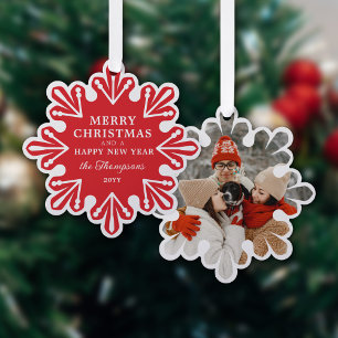 Moderne Rood Sneeuwvlok Kerstmis Foto Ornament Kaart