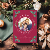 Moderne Rood Winter Botanicals Kerst Foto Feestdagenkaart