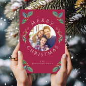 Moderne Rood Winter Botanicals Kerst Foto Feestdagenkaart