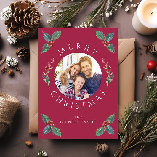 Moderne Rood Winter Botanicals Kerst Foto Feestdagenkaart