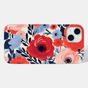 Moderne Rood Wit Blauwe Waterverf Bloemen iPhone 15 Mini Hoesje