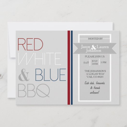 Moderne Rood Wit en Blauw BBQ | 4 juli Partij Kaart (Voorkant)