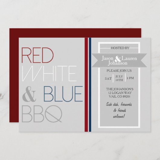 Moderne Rood Wit en Blauw BBQ | 4 juli Partij Kaart (Voorkant / Achterkant)