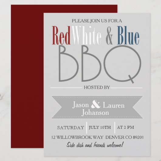 Moderne Rood Wit en Blauw BBQ | 4 juli Partij Kaart (Voorkant / Achterkant)
