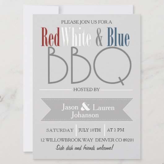 Moderne Rood Wit en Blauw BBQ | 4 juli Partij Kaart (Voorkant)