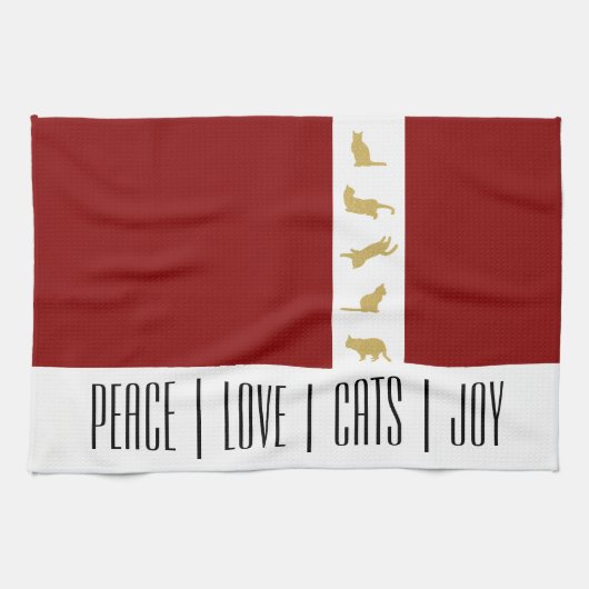 Moderne Rood Wit Goud Kat Kerstmis Theedoek (Horizontaal)