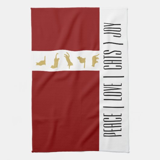 Moderne Rood Wit Goud Kat Kerstmis Theedoek (Verticaal)