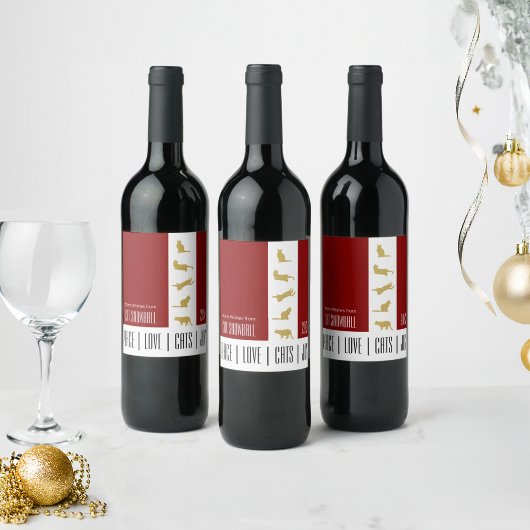 Moderne Rood Wit Goud Katten Kerst Wijn Etiket