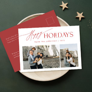 Moderne rood-witte familiefoto Kerstmis Feestdagenkaart
