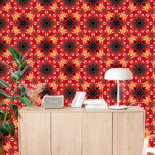 Moderne Rood Zwart Geel Boho Chique Etnische Volks Behang