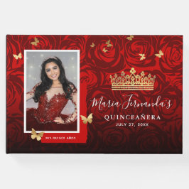 Moderne Rood Zwart Goud Elegante Foto Quinceanera Gastenboek