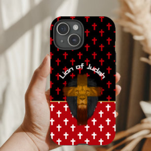 Moderne Rood Zwart Witte Kruizen Leeuw van Juda iPhone 15 Case