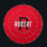 Moderne roodmonogram: dartboard dartbord<br><div class="desc">Moderne rode dartboard met een witte naam en een zwart monogram. Personaliseer met naam en initiaal.</div>