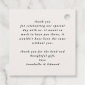 Moderne roomzwarte minuscule hedendaagse bruiloft bedankjes labels (Achterkant)