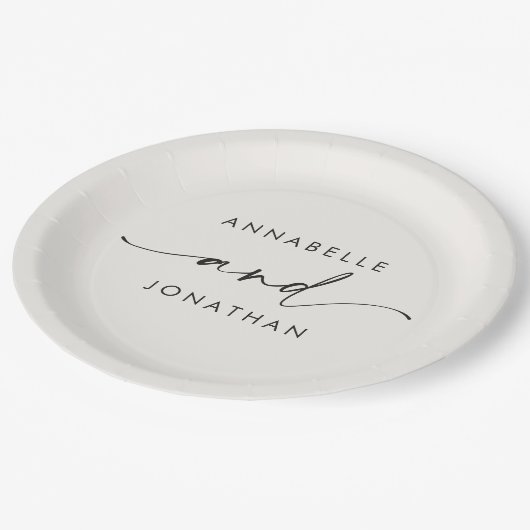 Moderne roomzwarte minuscule hedendaagse bruiloft papieren bordje (Gekanteld)