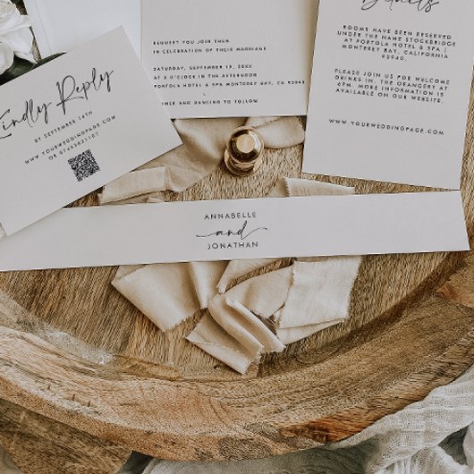 Moderne roomzwarte minuscule hedendaagse bruiloft uitnodigingen wikkel