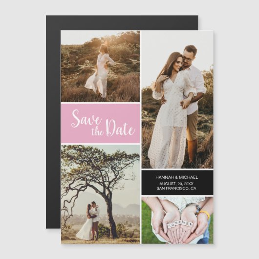 Moderne Roos fotocollage opslaan datum Magnetische Uitnodiging (Voorkant / Achterkant)