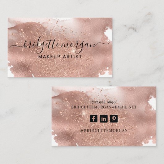 Moderne Roos Glitter Folie Script Makeup Artist Visitekaartje (Voorkant / Achterkant)