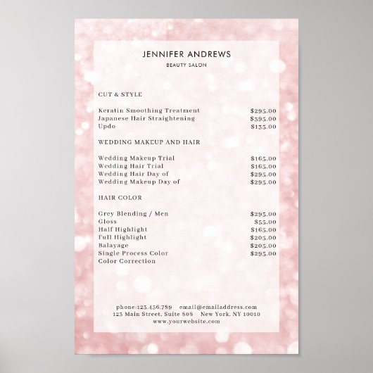 Moderne roos glitter salon prijslijst Poster (Voorkant)