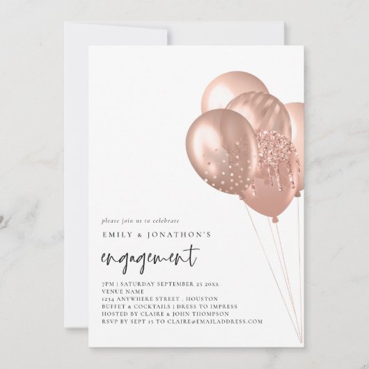 Moderne Roos Gold Balloons Engagement Party Kaart (Voorkant)