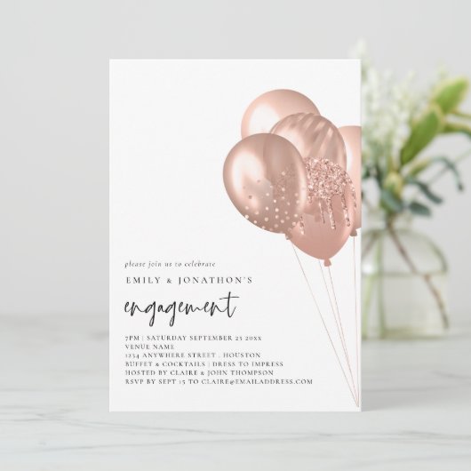 Moderne Roos Gold Balloons Engagement Party Kaart (Staand voorkant)