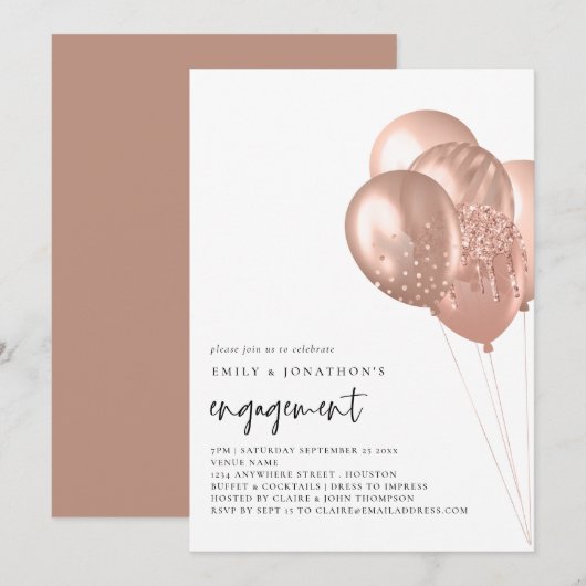 Moderne Roos Gold Balloons Engagement Party Kaart (Voorkant / Achterkant)