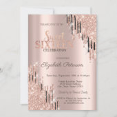 Moderne Roos Gold Black Glitter Drips Sweet 16 Kaart (Voorkant)