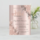 Moderne Roos Gold Black Glitter Drips Sweet 16 Kaart (Staand voorkant)