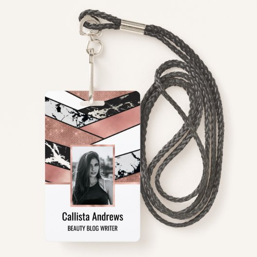 Moderne Roos Gold Black Glitter Marble Geometric Badge (Voorkant met draagriem)