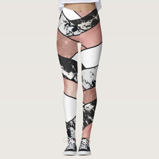 Moderne Roos Gold Black Glitter Marble Geometric Leggings (Voorkant)