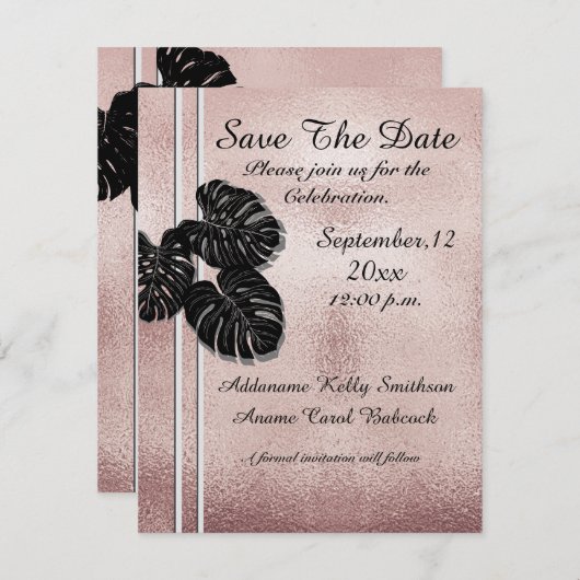Moderne Roos Gold Black grafische bladeren van ele Save The Date (Voorkant / Achterkant)
