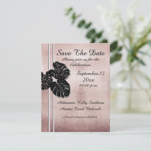 Moderne Roos Gold Black grafische bladeren van ele Save The Date (Staand voorkant)