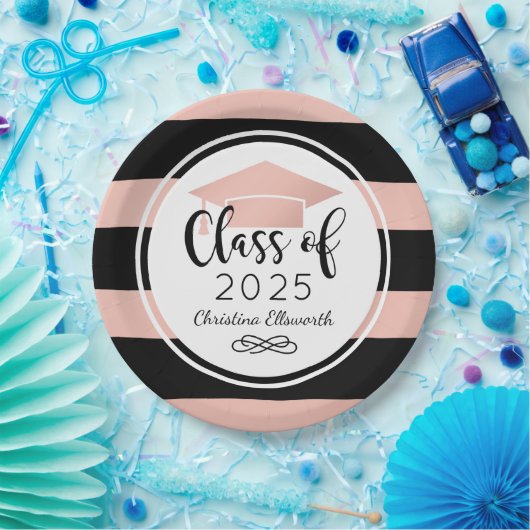 Moderne Roos Gold Black Stripes - Aangepast Afstud Papieren Bordje (Feest)