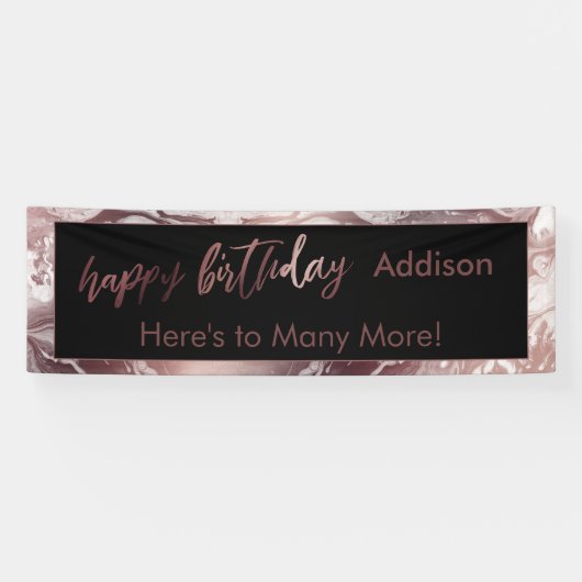 Moderne Roos Gold Black White marble Happy Birthda Spandoek (Horizontaal)