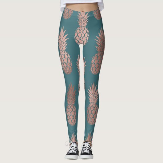 Moderne Roos Gold Blauwgroen groen ananassolpatroo Leggings (Voorkant)
