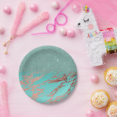 Moderne Roos Gold Blauwgroen marmer Glitter Gradie Papieren Bordje (Feest)