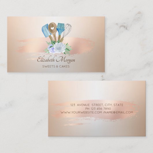 Moderne Roos Gold Brush Stroke Bakery Hand Tools Visitekaartje (Voorkant / Achterkant)