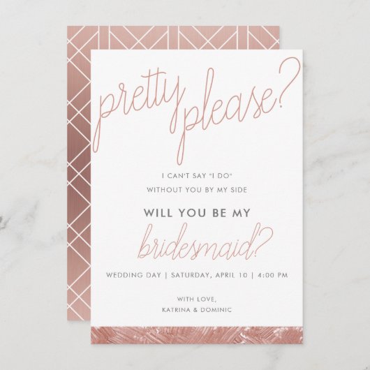 Moderne Roos Gold Brush Stroke Bridesmaid Invite Kaart (Voorkant / Achterkant)